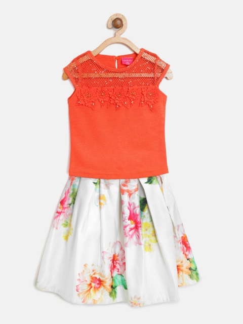 

Tiny Girl Orange & Off-White Solid Top with Skirt