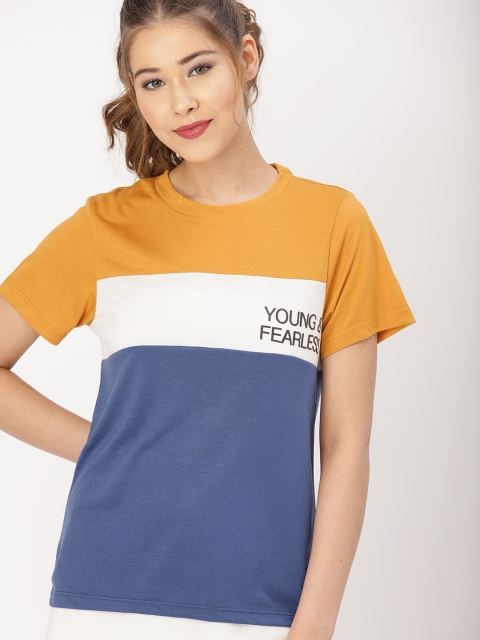 

DressBerry Women Blue & Mustard Yellow Colourblocked Round Neck T-shirt