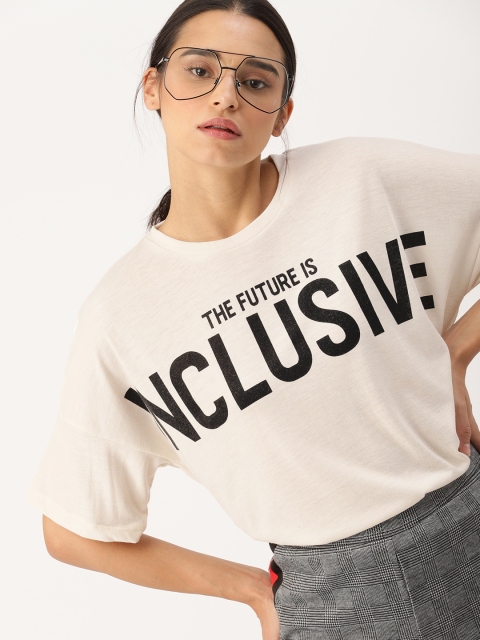 

DressBerry Women Off-White Printed Round Neck T-shirt