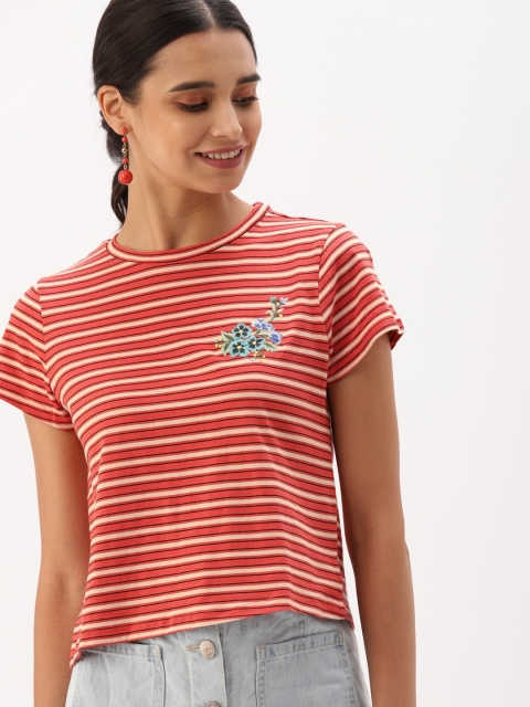 

DressBerry Women Coral Striped Round Neck T-shirt