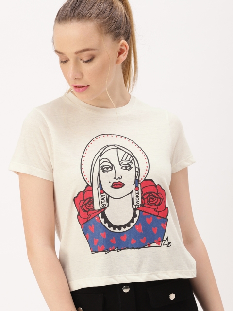 

DressBerry Women Cream-Coloured Printed Round Neck T-shirt