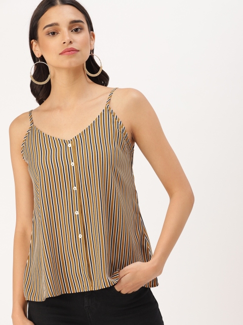 

DressBerry Women Mustard Brown & Navy Blue Striped Regular Top