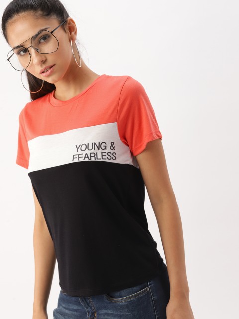 

DressBerry Women Orange & Black Colourblocked Round Neck T-shirt