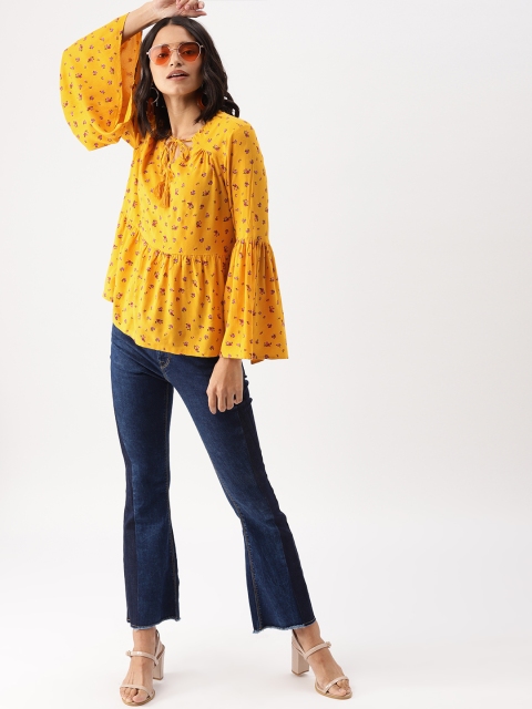 

DressBerry Women Mustard Yellow & Pink Printed Peplum Top