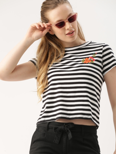 

DressBerry Women White Black Striped Round Neck Cropped Pure Cotton T-shirt