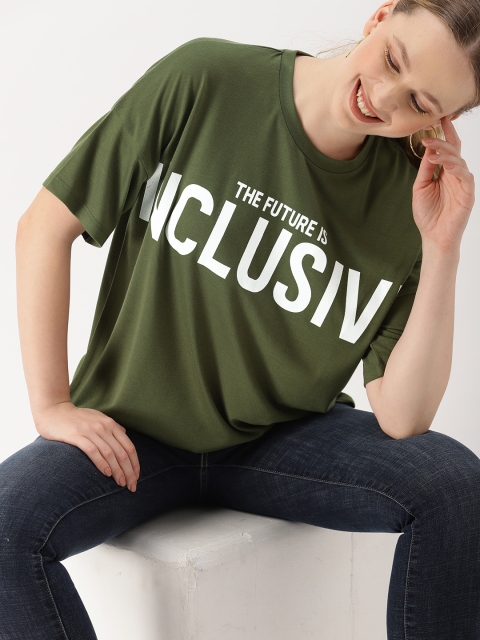 

DressBerry Women Olive Green Printed Round Neck T-shirt