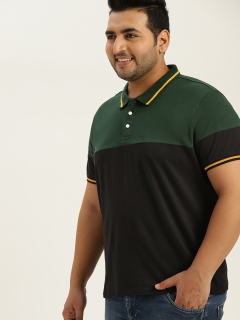 

Sztori Plus Size Men Black Green Colourblocked Polo Collar T-shirt