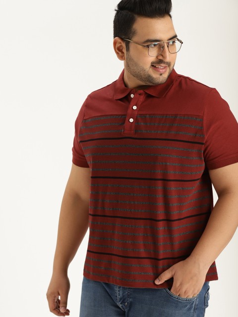 

Sztori Plus Size Men Rust Orange Striped Polo Collar T-shirt