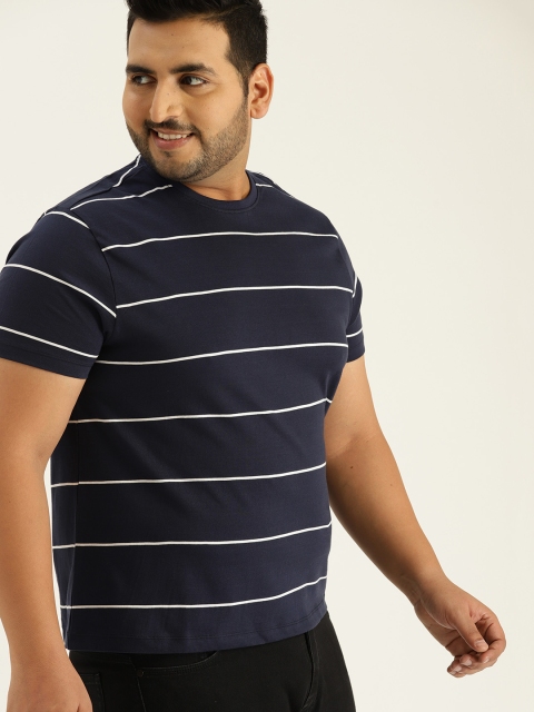 

Sztori Plus Size Men Navy Blue White Striped Round Neck T-shirt