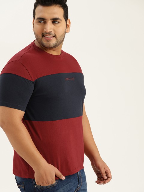 

Sztori Plus Size Men Maroon Navy Blue Colourblocked Round Neck T-shirt