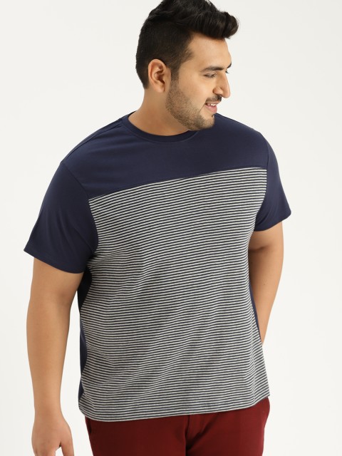 

Sztori Plus Size Men Navy Blue and Grey Striped T-shirt