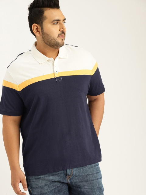 

Sztori Plus Size Men Navy Blue White Colourblocked Polo Collar T-shirt