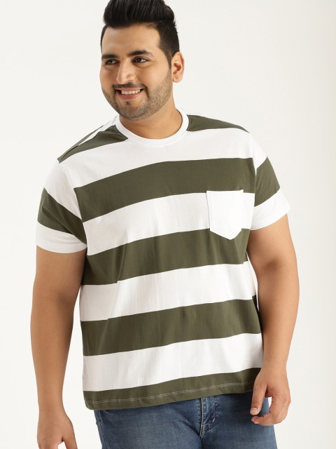 

Sztori Plus Size Men White Olive Green Striped Round Neck T-shirt