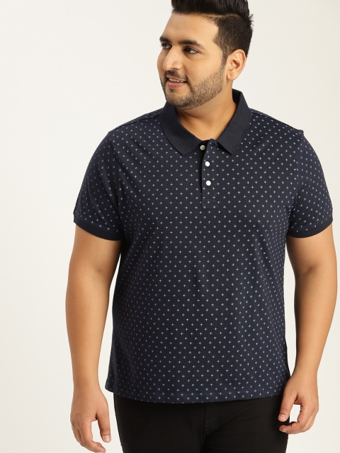 

Sztori Plus Size Men Blue Printed Polo Collar T-shirt