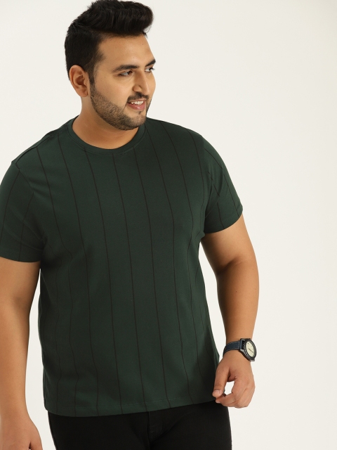 

Sztori Plus Size Men Green Black Striped Round Neck T-shirt