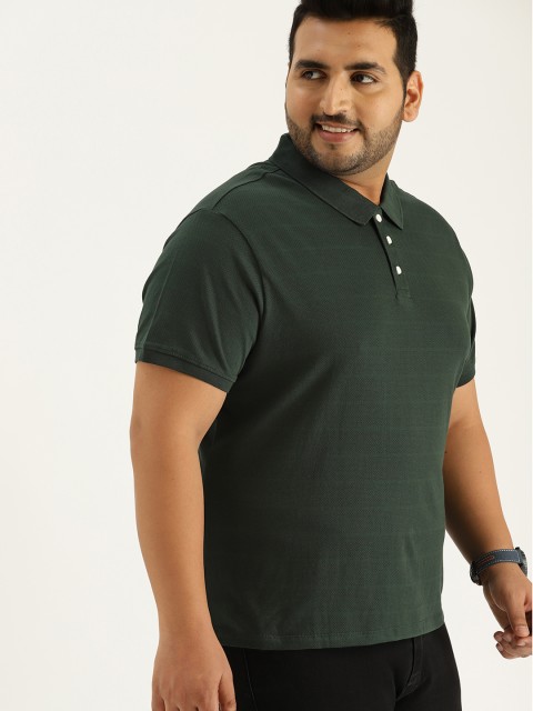 

Sztori Plus Size Men Green Striped Polo Collar T-shirt