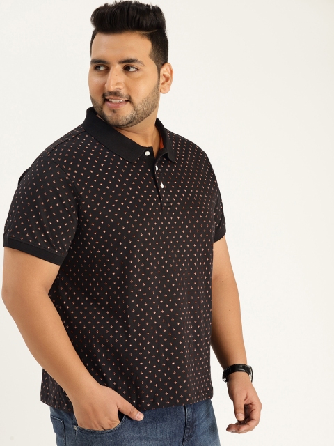 

Sztori Plus Size Men Black Peach-Coloured Printed Polo Collar T-shirt