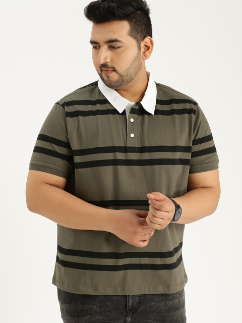 

Sztori Plus Size Men Olive Green Black Striped T-shirt