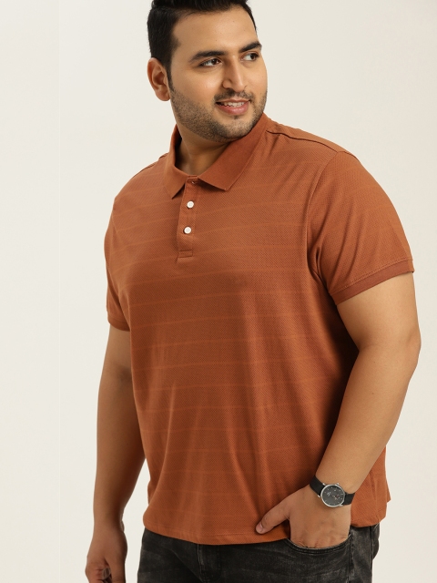 

Sztori Plus Size Men Rust Orange Striped Polo Collar T-shirt