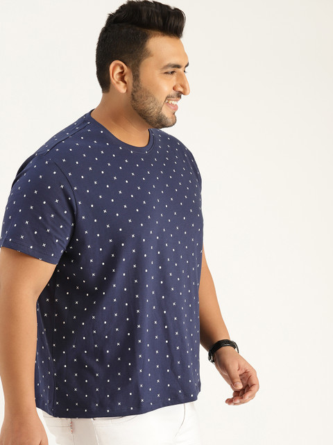 

Sztori Plus Size Men Navy Blue White Printed Round Neck T-shirt