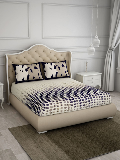 

SPACES Black & Beige Abstract 180 TC Cotton 1 Queen Bedsheet with 2 Pillow Covers