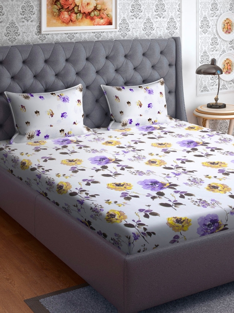 

SPACES White & Purple Floral 150 TC Cotton 1 Queen Bedsheet with 2 Pillow Covers