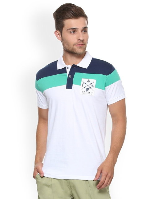 

People Men White Striped Polo Collar T-shirt