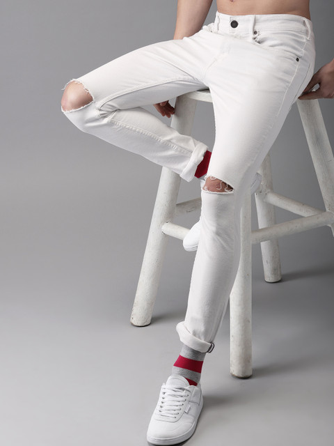 

HERE&NOW Men White Skinny Fit Mid-Rise Slash Knee Stretchable Jeans