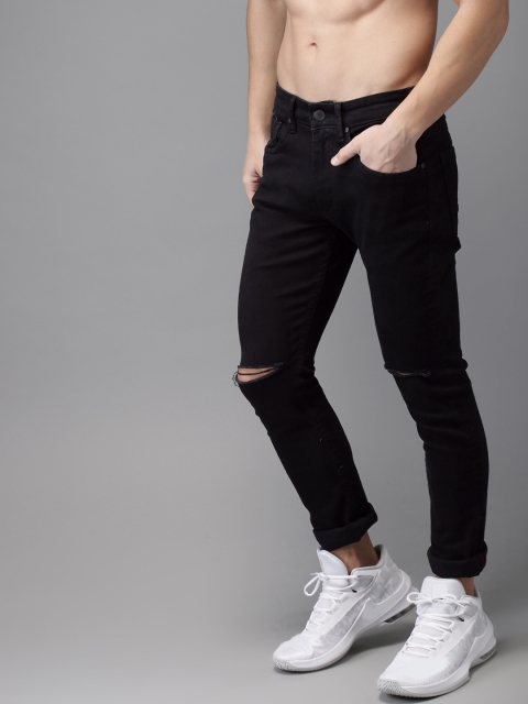 

HERE&NOW Men Black Skinny Fit Mid-Rise Slash Knee Stretchable Jeans