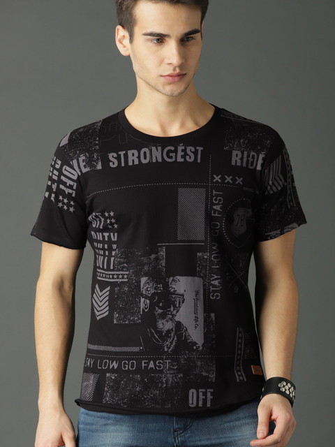 

Roadster Men Black Printed Round Neck T-shirt