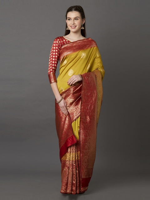 

Mitera Mustard & Red Silk Blend Woven Design Kanjeevaram Saree