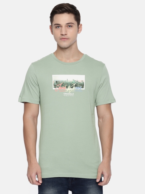 

Jack Jones Men Green Printed Round Neck Pure Cotton T-shirt