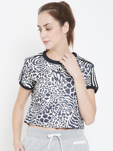 

ADIDAS Originals Women Black & Off-White Animal Print 3-Stripes Cropped T-shirt