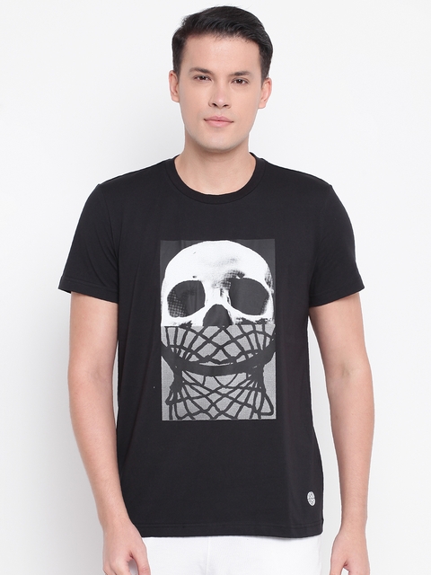ADIDAS Men Black Skull & Net Print Round Neck T-shirt
