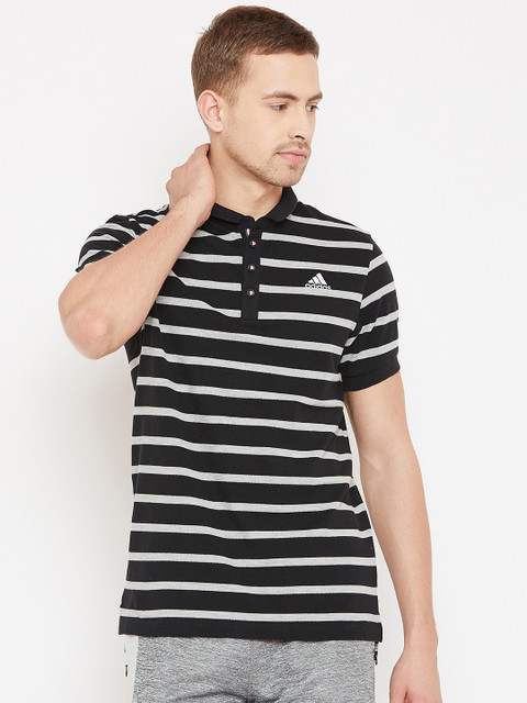 

ADIDAS Men Black & Off-White Striped TC 1 Polo Collar T-shirt