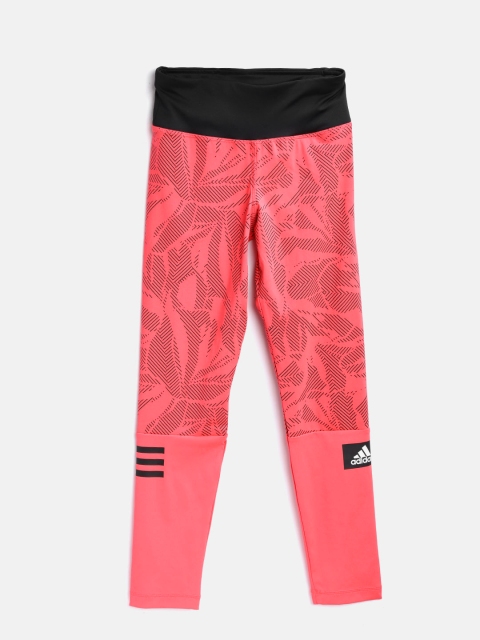 

ADIDAS Girls Coral Pink & Black Summer Long Printed Training Tights