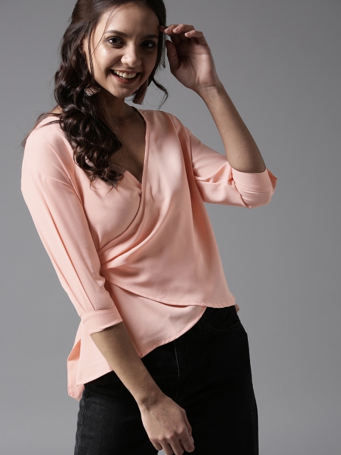 

HERE&NOW Women Peach-Coloured Solid Wrap Top