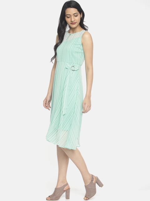 

CODE by Lifestyle Women Sea Green & White Self Design A-Line Dress