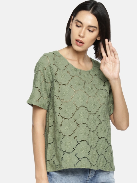 

Fame Forever by Lifestyle Women Olive Green Self Design Semi-Sheer Pure Cotton Top