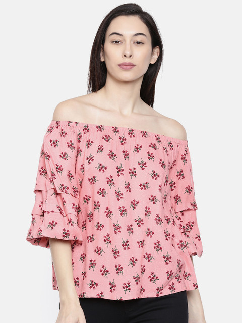 

Bossini Women Peach-Coloured With Pink Tinge Printed Bardot Top