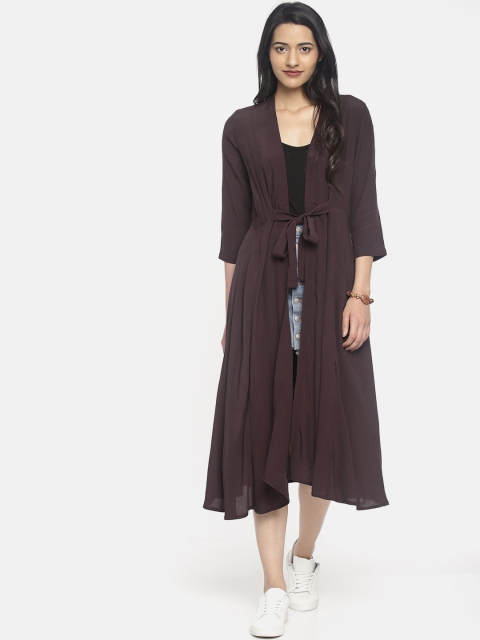 

CODE by Lifestyle Brown Solid Tie-Up Longline Shrug