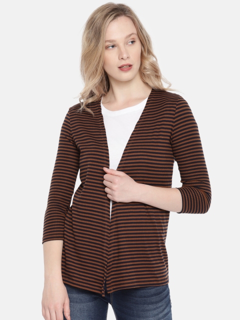 

Fame Forever by Lifestyle Brown & Navy Blue Striped Open Front Shrug