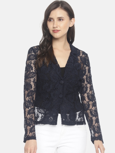 

CODE by Lifestyle Women Navy Blue Self Design Shirt Style Sheer Lace Top