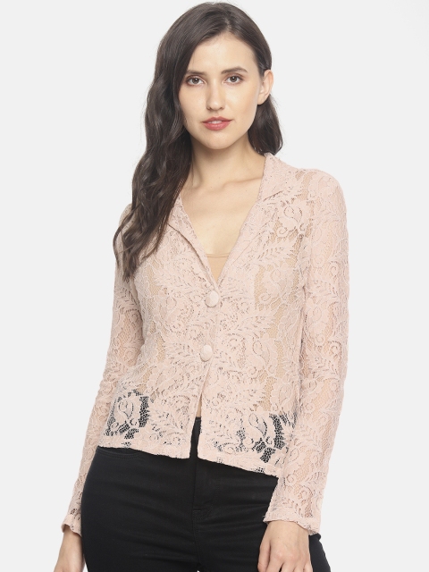 

CODE by Lifestyle Women Cream-Coloured Self Design Shirt Style Sheer Lace Top