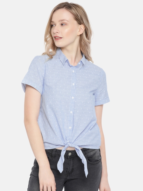 

Fame Forever by Lifestyle Women Blue & White Regular Fit Striped Cropped Casual Shirt