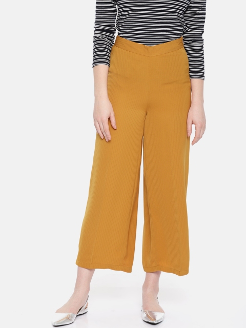 

CODE by Lifestyle Women Mustard Yellow Loose Fit Self-Striped Cropped Parallel Trousers