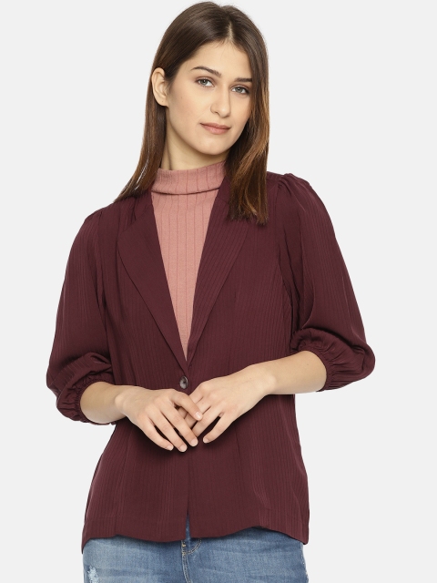 

CODE by Lifestyle Women Burgundy Self-Striped Single-Breasted Blazer