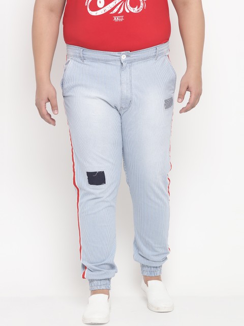 

John Pride Plus Size Men Blue Striped Mid-Rise Mildly Distressed Jeans
