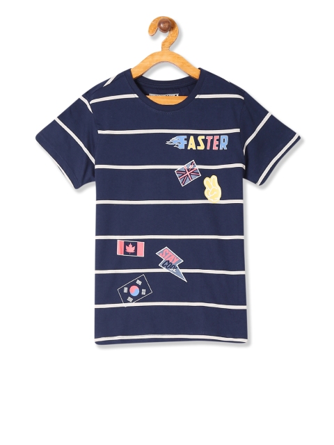 

Flying Machine Boys Navy Blue Striped Round Neck Pure Cotton T-shirt