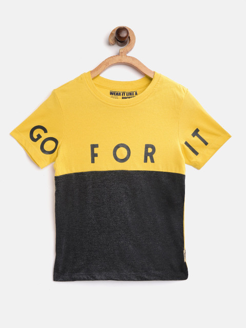 

Flying Machine Boys Black & Mustard Yellow Colourblocked Round Neck T-shirt